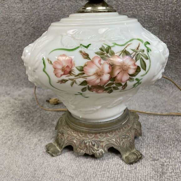 Antique Milk Glass Cherry Blossoms Floral Glass Oil Hurricane Lamp Hedco NY - Picture 2 of 10